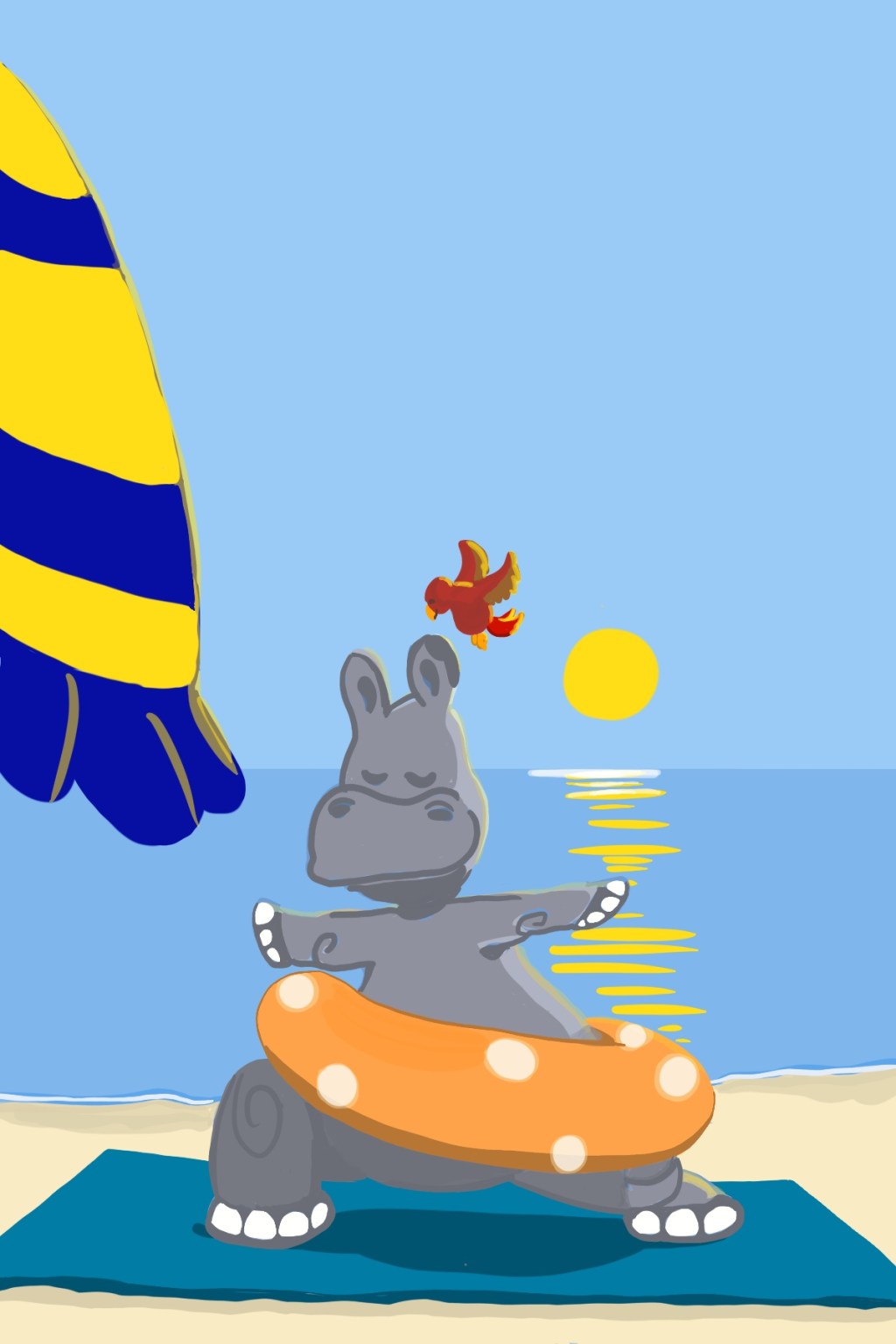 A peaceful drawing of a hippo with a bird friend doing yoga on the beach at sunrise.