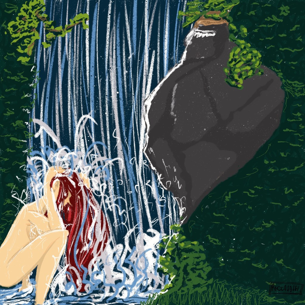 Digital illustration of woman washing her hair under a small cascatella